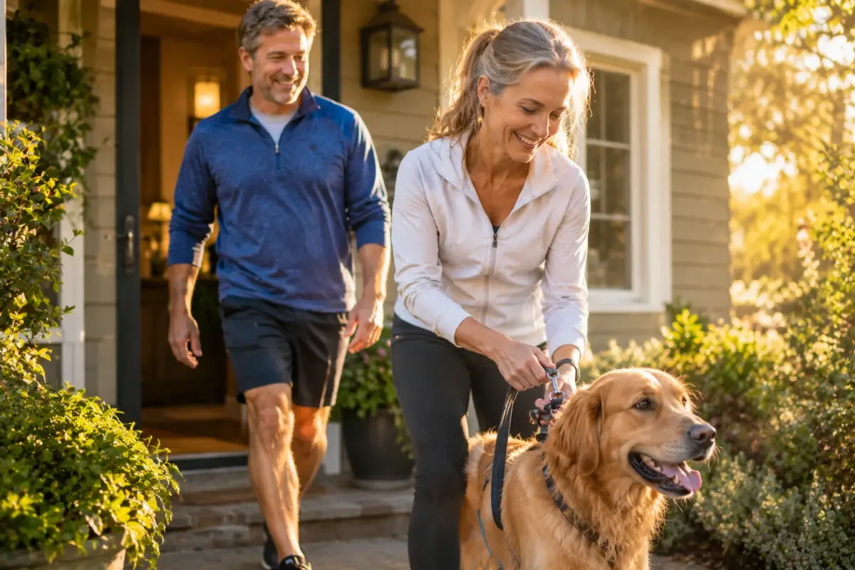 A couple in their 50s heading out for a golden-hour walk with their dog, the daily movement that shifts metabolic numbers